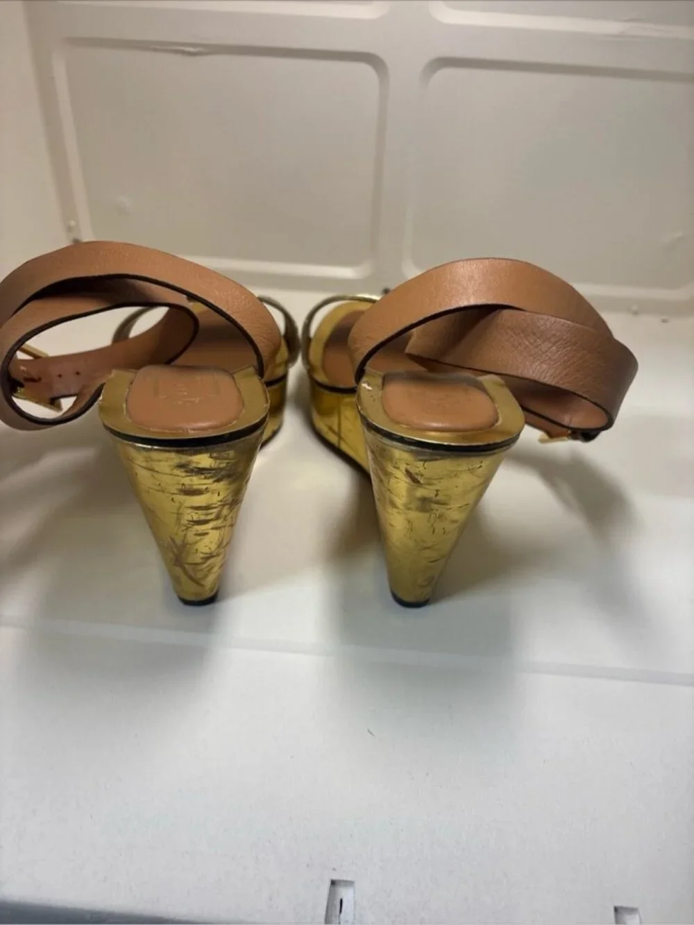 Ted Baker Gold-Platform Wedge with Brown Ankle Strap and Snake-Print Toe